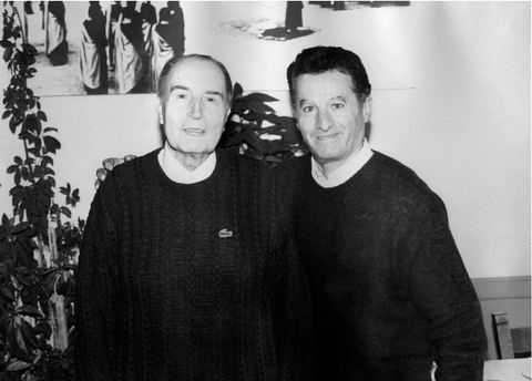 François Mitterrand with taverna owner Leonidas Liakopoulos at taverna Leonidas, Lygourio (black and white).