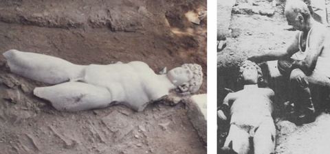 Two black-and-white photographs side by side of the marble statue of Antinoos at its find-spot near Myloi.