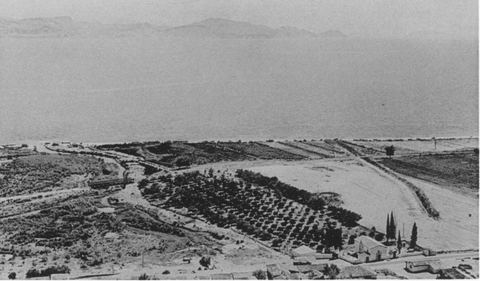 The Lernaean marshes, the Amymone stream and the excavation site seen from Mt Pontinos, with houses of Myloi, the railway and orchards.