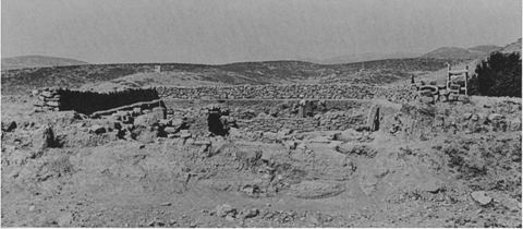 Excavation Area D at Lerna from the east, with the surrounding landscape and hills.