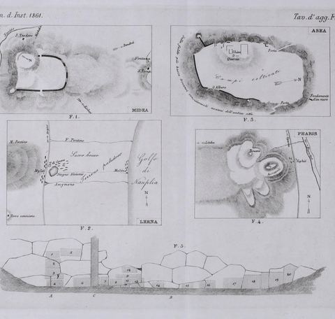 Plate of sketch plans by Conze & Michaelis, including a plan of the Lerna area with Mt Pontinos and the gulf.