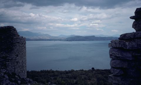 35 mm colour slide 'Myli; Castle of Lerna': the castle tower on Mt Pontinos with the gulf beyond.