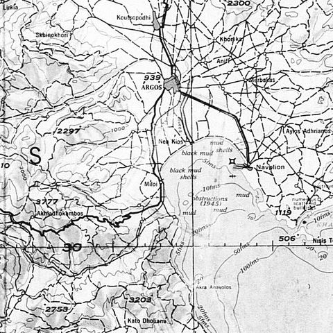 Detail of the base map (USAF 343 CI, 1:250,000) used for the aerial-photo overlay index, showing 'Mili', Argos and Navplion.