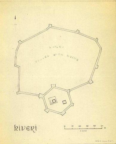 Plan of the castle "Kiveri": walled enclosure with a polygonal keep, interior "filled with ruins".