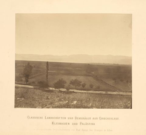 'Der Golf von Argos in der Gegend des lernaischen Sumpfes von Tirynth aus': the plain of Argos with roads and poplars, and on the horizon the west coast of the gulf with Lerna/Myloi and the mountains.