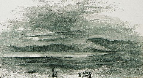 Wood engraving 'Lernæan Marsh': the marsh of Lerna with water, plain and mountains, and travellers with a mule in the foreground.