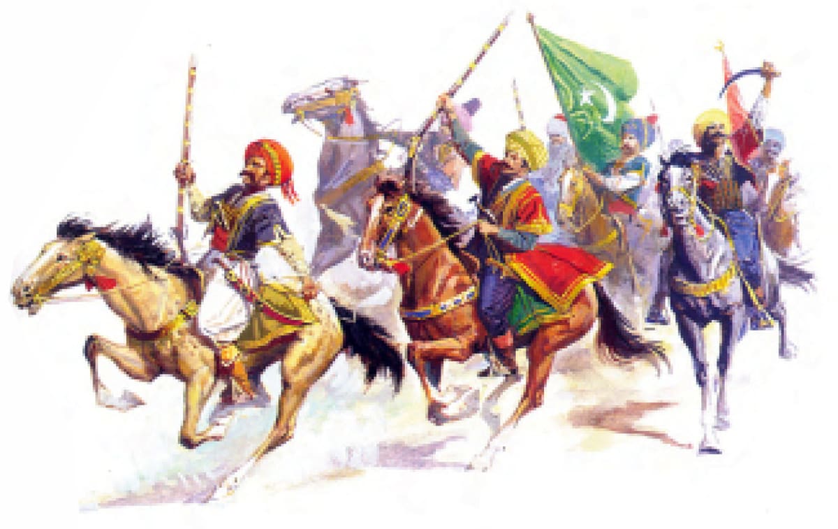 Colour illustration of horsemen in turbans charging with raised weapons and a green banner