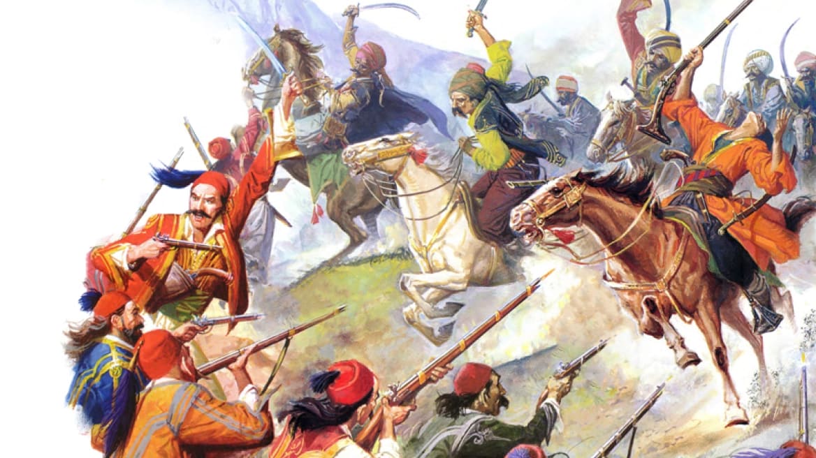 Colour illustration of Greek fighters in red fezzes firing their muskets at charging horsemen with sabres