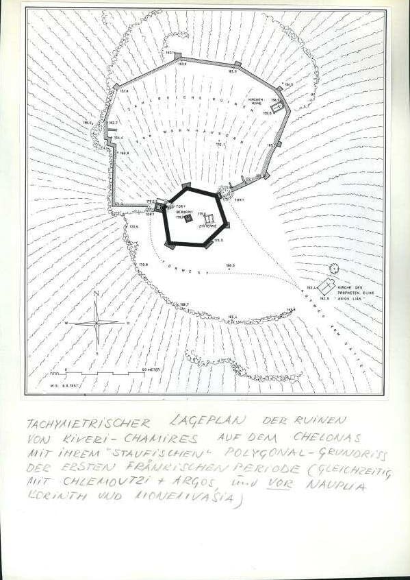 Inked 1957 plan of the castle ruins of Kiveri–Chamires, with the church ruin and the chapel of Profitis Ilias