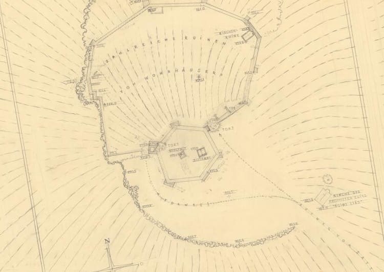 Pencil survey plan of the castle on Pontinos, with the church ruin marked at the eastern wall