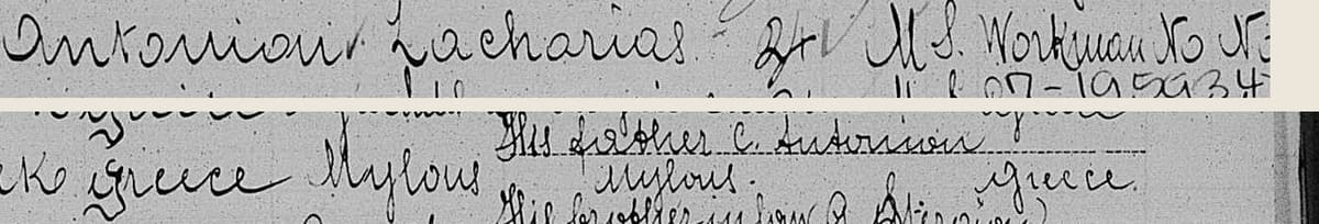 The Pannonia, June 1914, line 10: "Antoniou, Zacharias, 24, workman", residence "Mylous", nearest relative "his father C. Antoniou, Mylous, Greece".