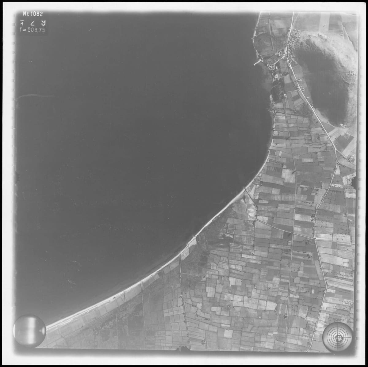 Aerial view from 1941–42 of the bay, the fields and the village at the foot of Pontinos hill