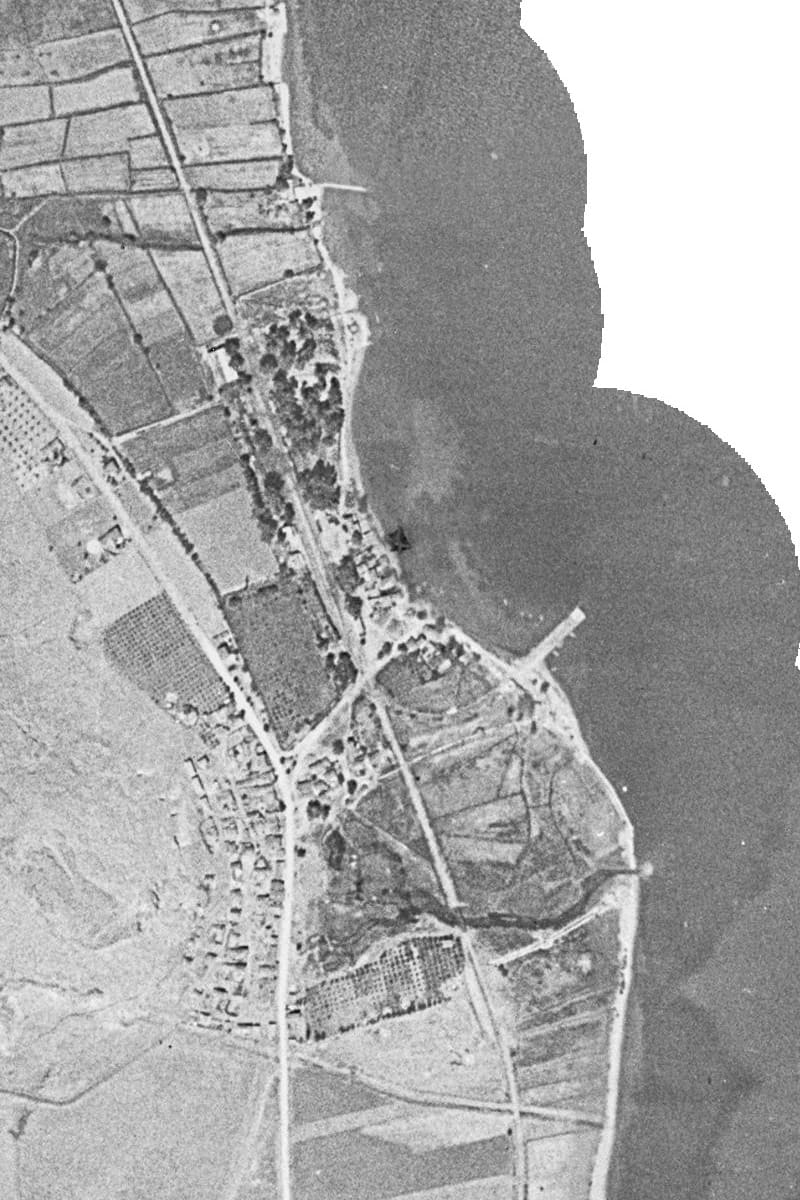Historic orthophoto of Myloi showing the pier, the railway and the orchards