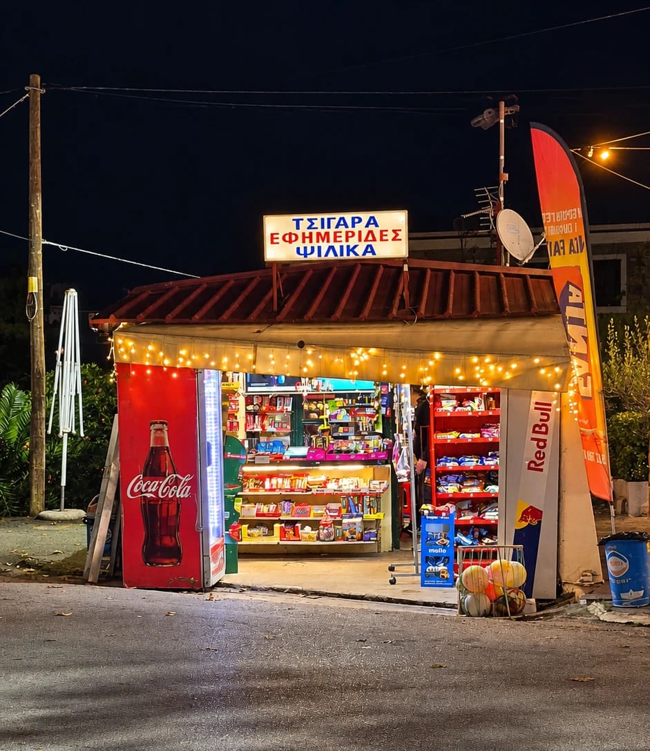 The village kiosk at night, lit with fairy lights, with a sign for cigarettes, newspapers and snacks