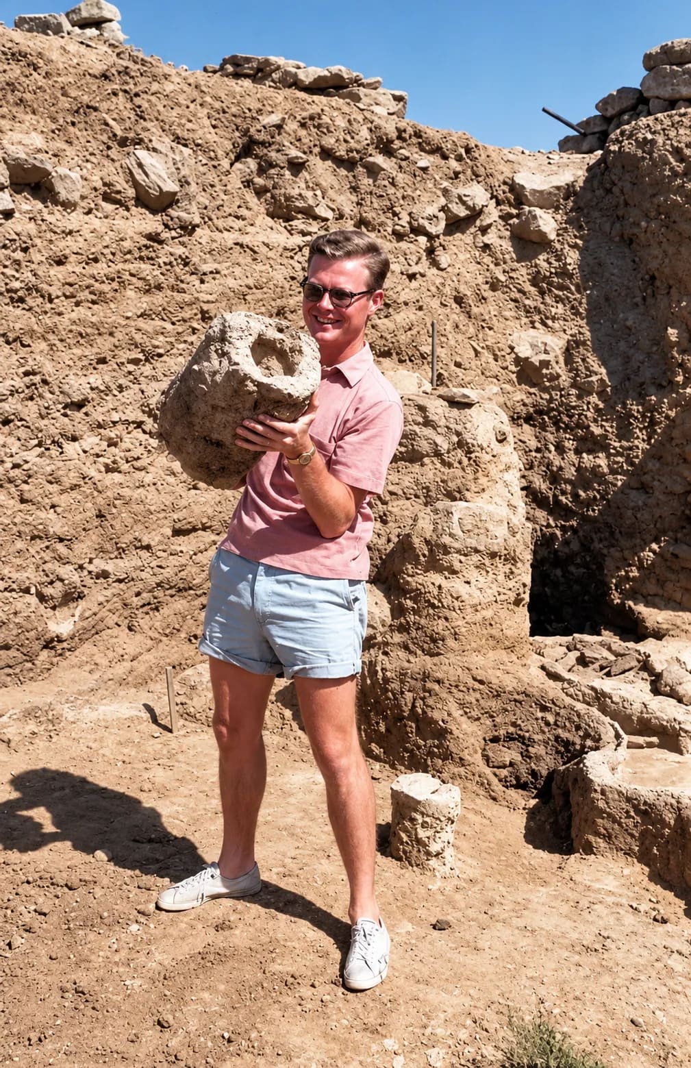 A researcher in sunglasses, pink shirt and shorts holds up a large clay pot in an excavation trench at Lerna (digitally restored)