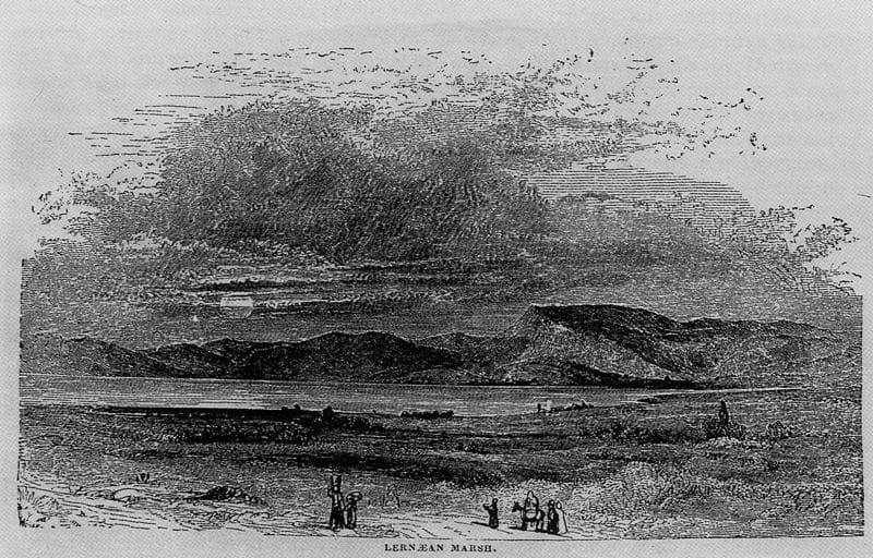 Old engraving titled “Lernæan Marsh”: a wide plain by the sea with a few figures in the foreground