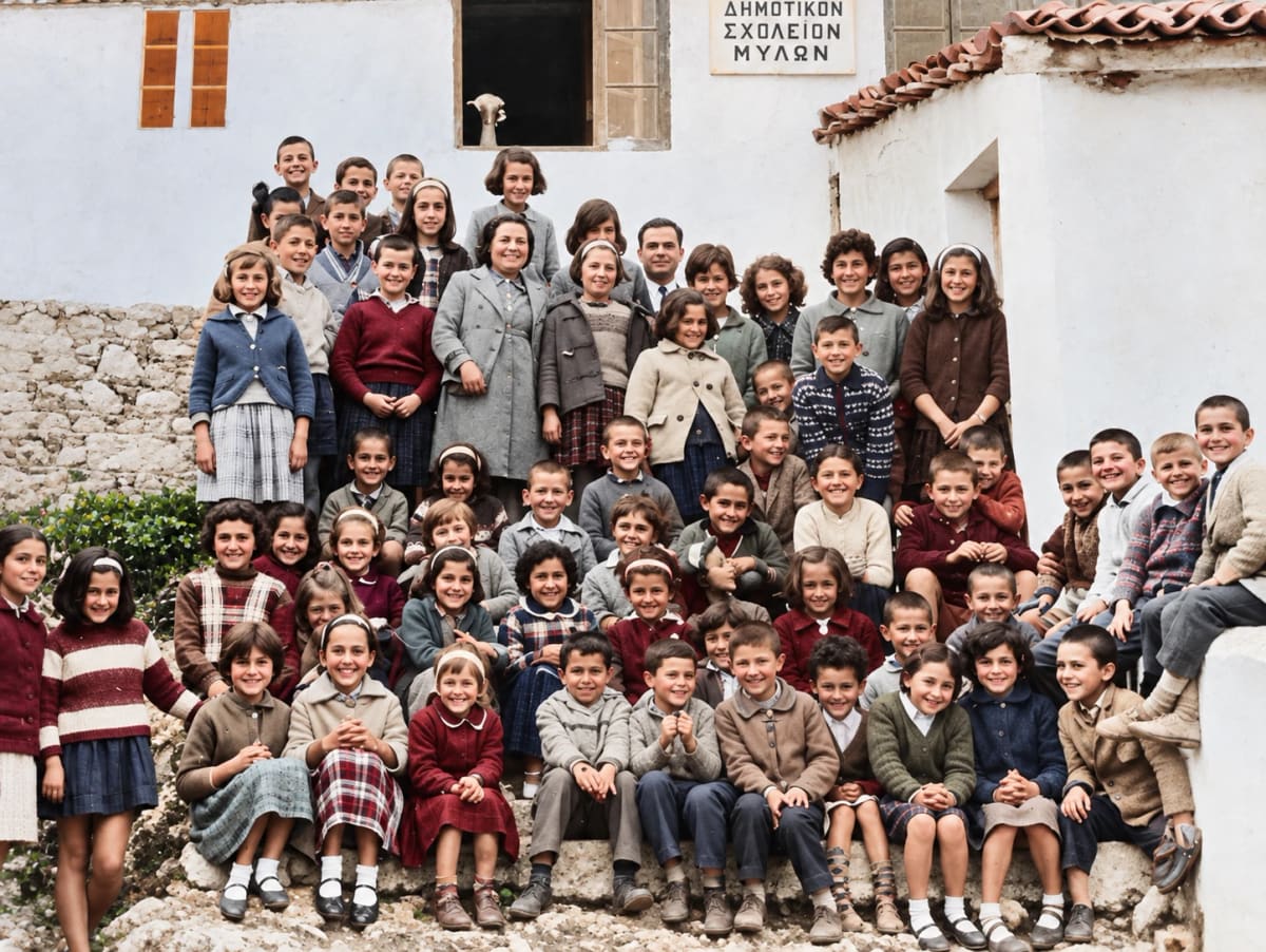 Ingekleurde klassenfoto van de leerlingen en leerkrachten voor het Dimotikon Scholeion Mylon, de lagere school van Myloi (digitaal opgeknapt)