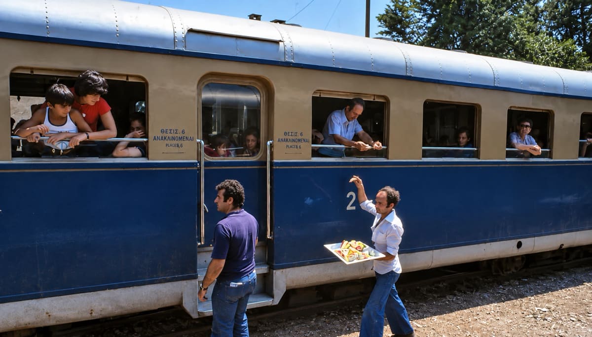 A souvlaki seller holds up a tray to passengers leaning out of the train windows at Myloi (digitally restored)