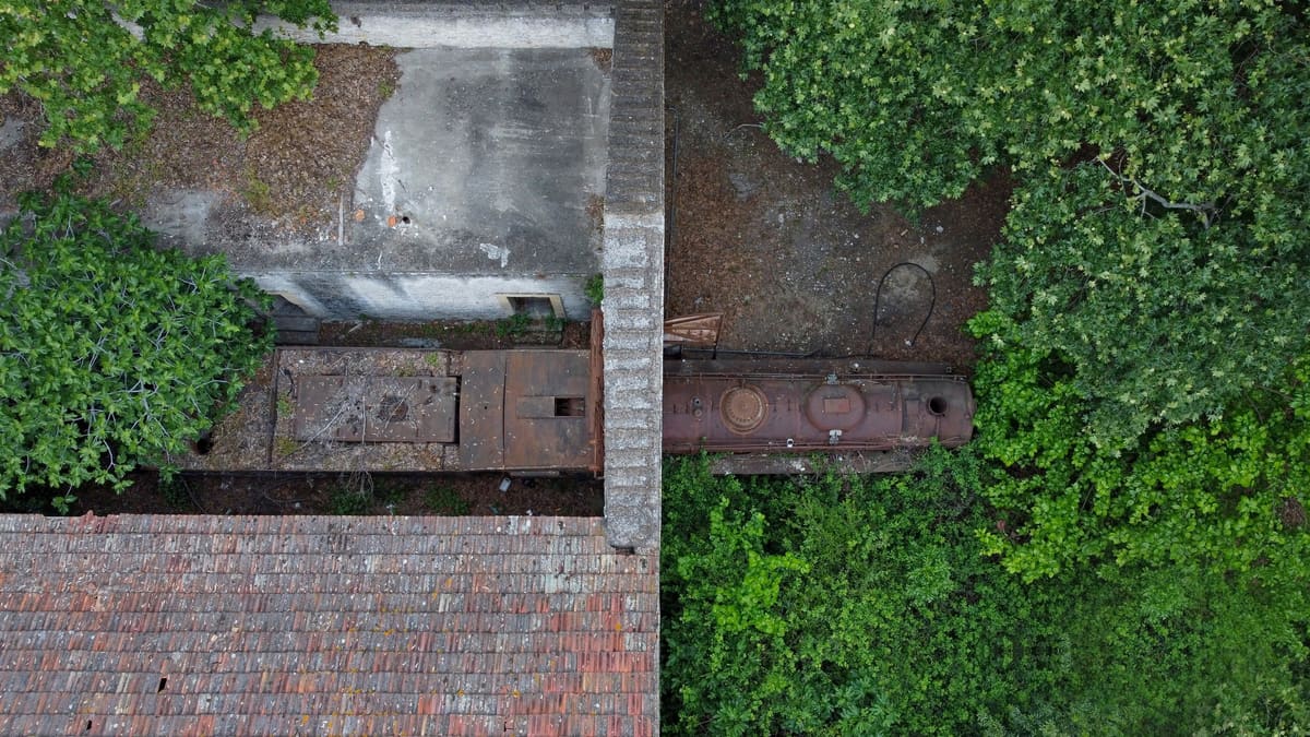 Overgrown railway tracks at Myloi seen from directly above