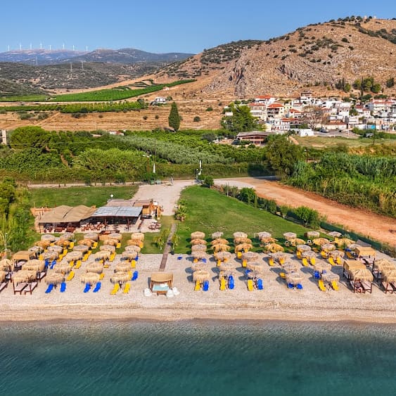 Aqua beach bar from above with rows of sunbeds and the village behind