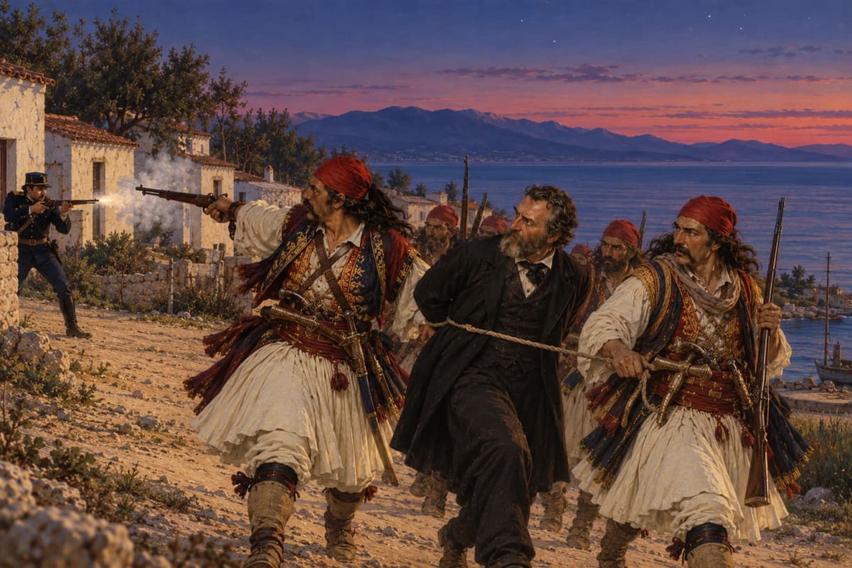 AI illustration in the style of a 19th-century painting: brigands in white kilts and red head scarves lead away a bearded man in a black coat with his hands tied, while a soldier shoots at them from beside the village houses at dusk
