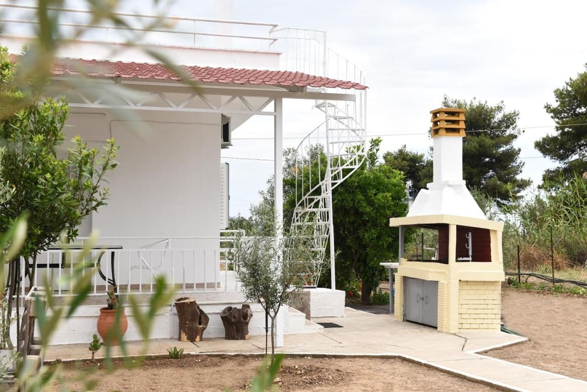 Το σπίτι με στριφογυριστή σκάλα προς την ταράτσα και κτιστή ψησταριά στον κήπο