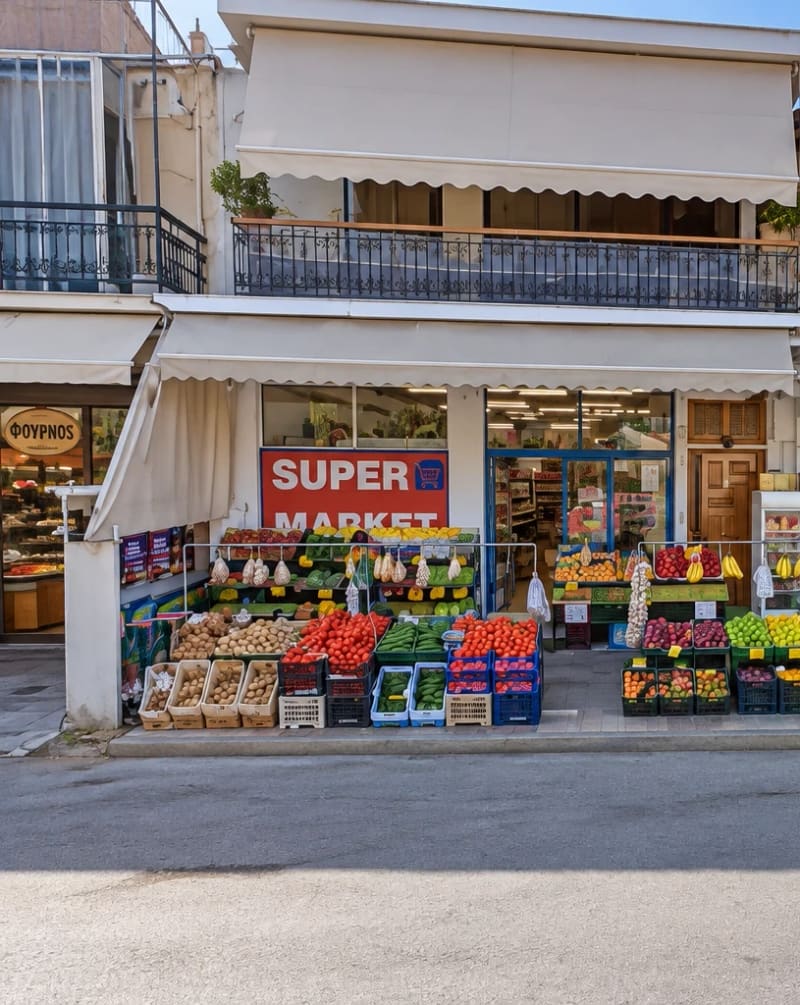 The supermarket in the village centre, with crates of fruit and vegetables on the pavement under the awning