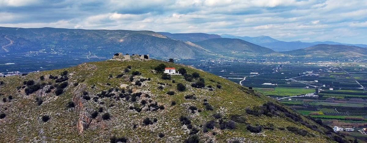 View from Pontinos hill over a small chapel and the Argolid plain