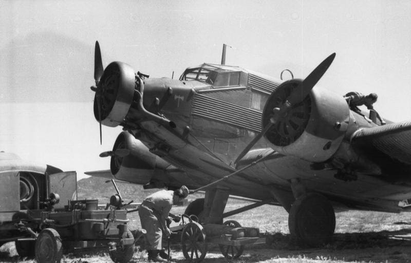 A Junkers Ju 52 of the Luftwaffe. According to a resident of Myloi, it is plausible that the aerial photographs of the village were taken from an aircraft of this type
