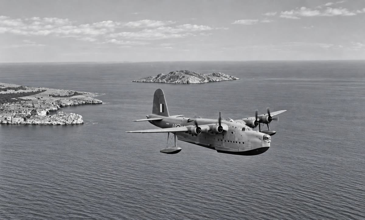 A Short Sunderland of No. 230 Squadron RAF, based in Greece, over the Greek islands, c. 1941. General Wilson left the pier of Myloi on 26 April in a flying boat of this type (digitally restored)